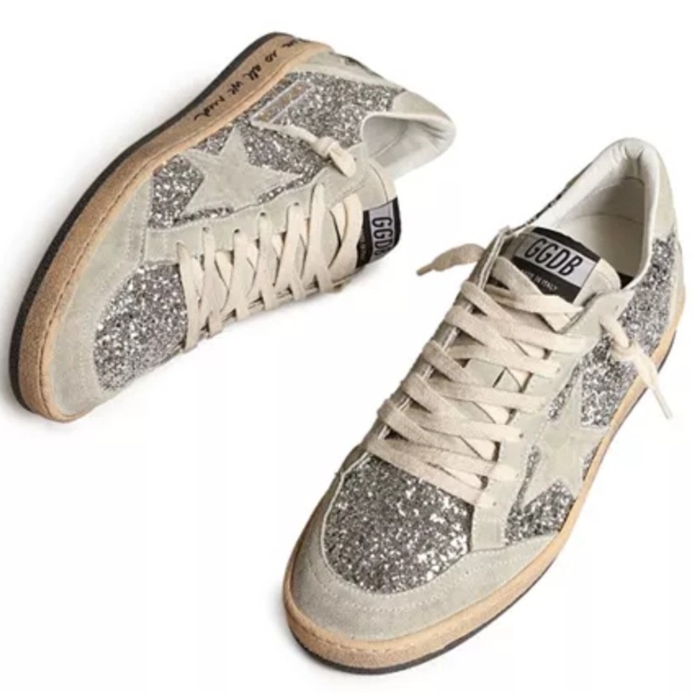 GOLDEN GOOSE Women's Ball Star Silver Glitter Ice-Gray Suede Sneakers - 38 EUR/8